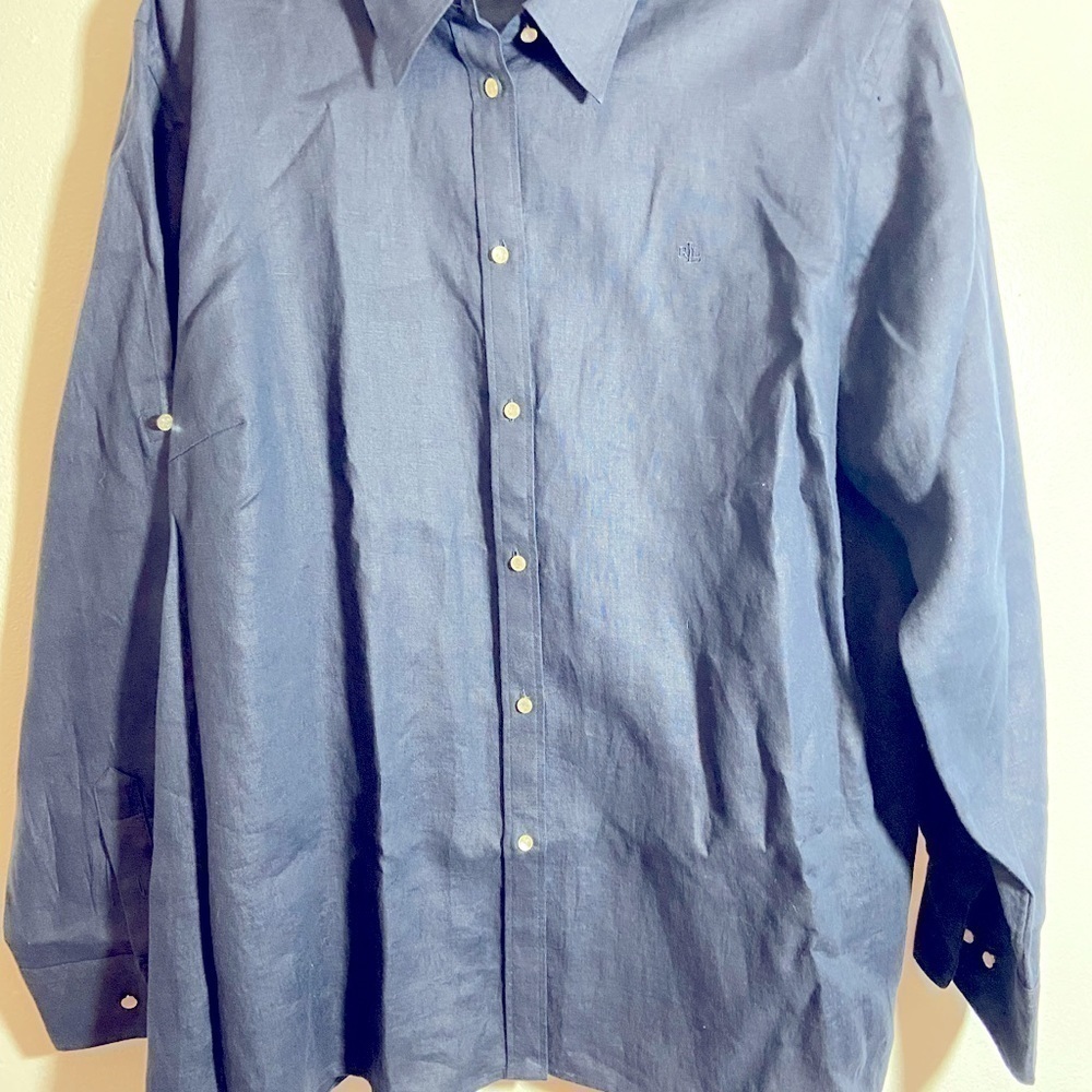 Lauren Ralph Lauren 100% Linen Shirt Navy Blue Sz 2X XXL Polka Dot Collar READ - Picture 3 of 12